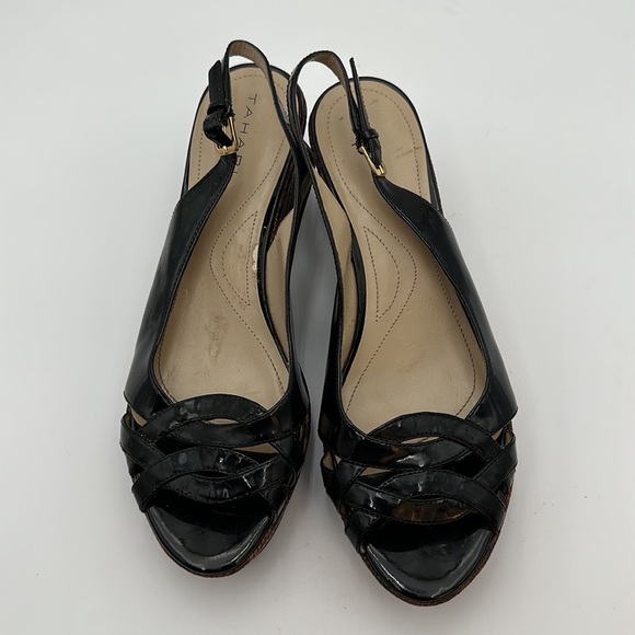 TAHARI Steffi Open-Toe Cut-Out Slingback Heels Platform Black Patent Leather - Picture 6 of 16